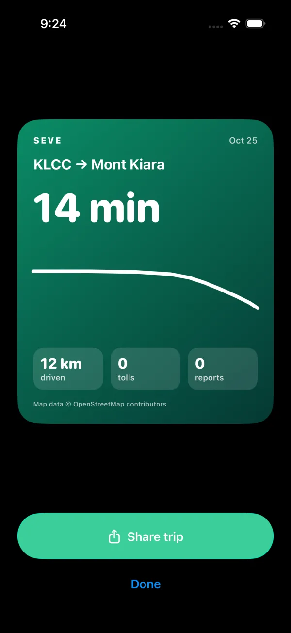 Trip share card: KLCC to Mont Kiara, 14 minutes, 12 km, 0 tolls