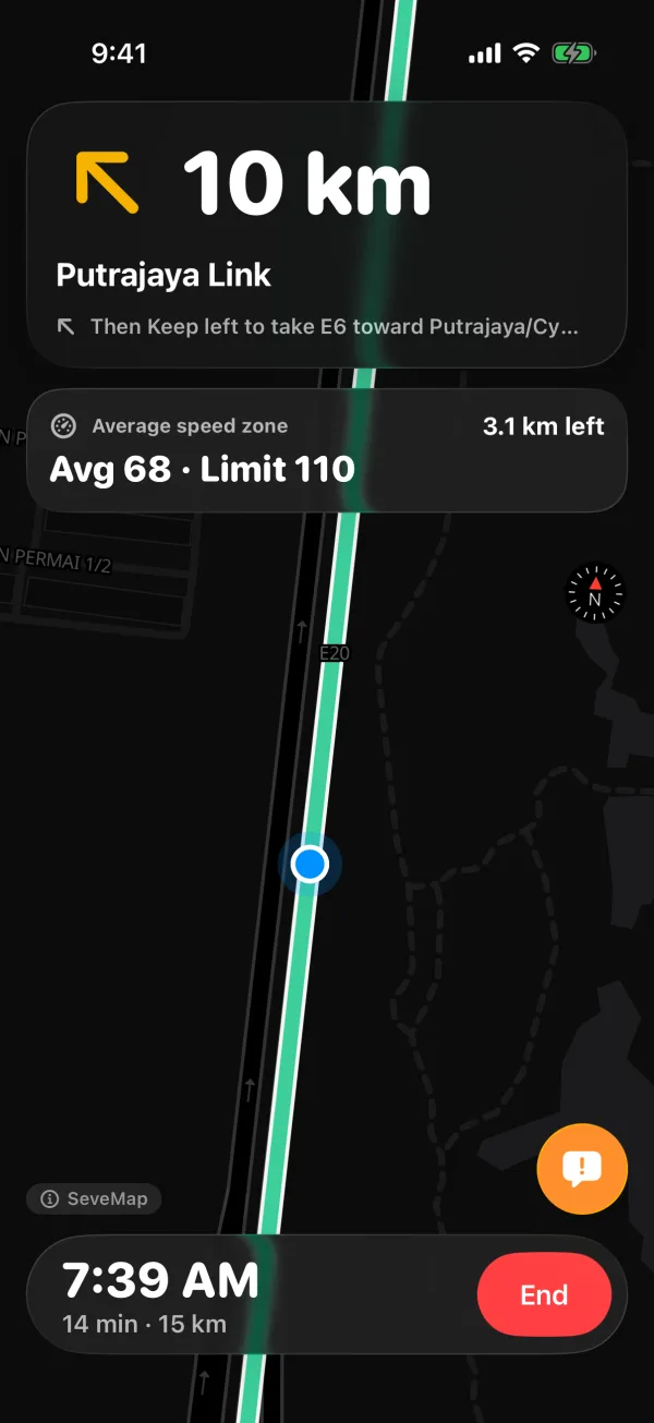 Night drive: 10 km to Putrajaya Link, average speed zone 68 of 110