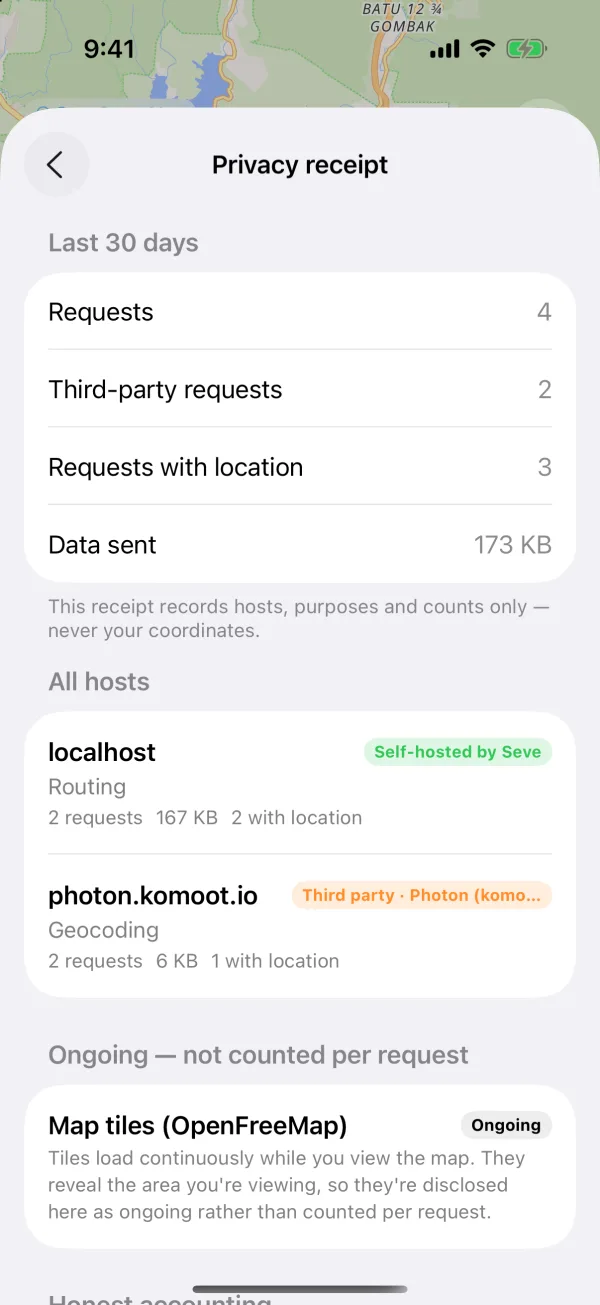 Privacy receipt listing every network request from the last 30 days